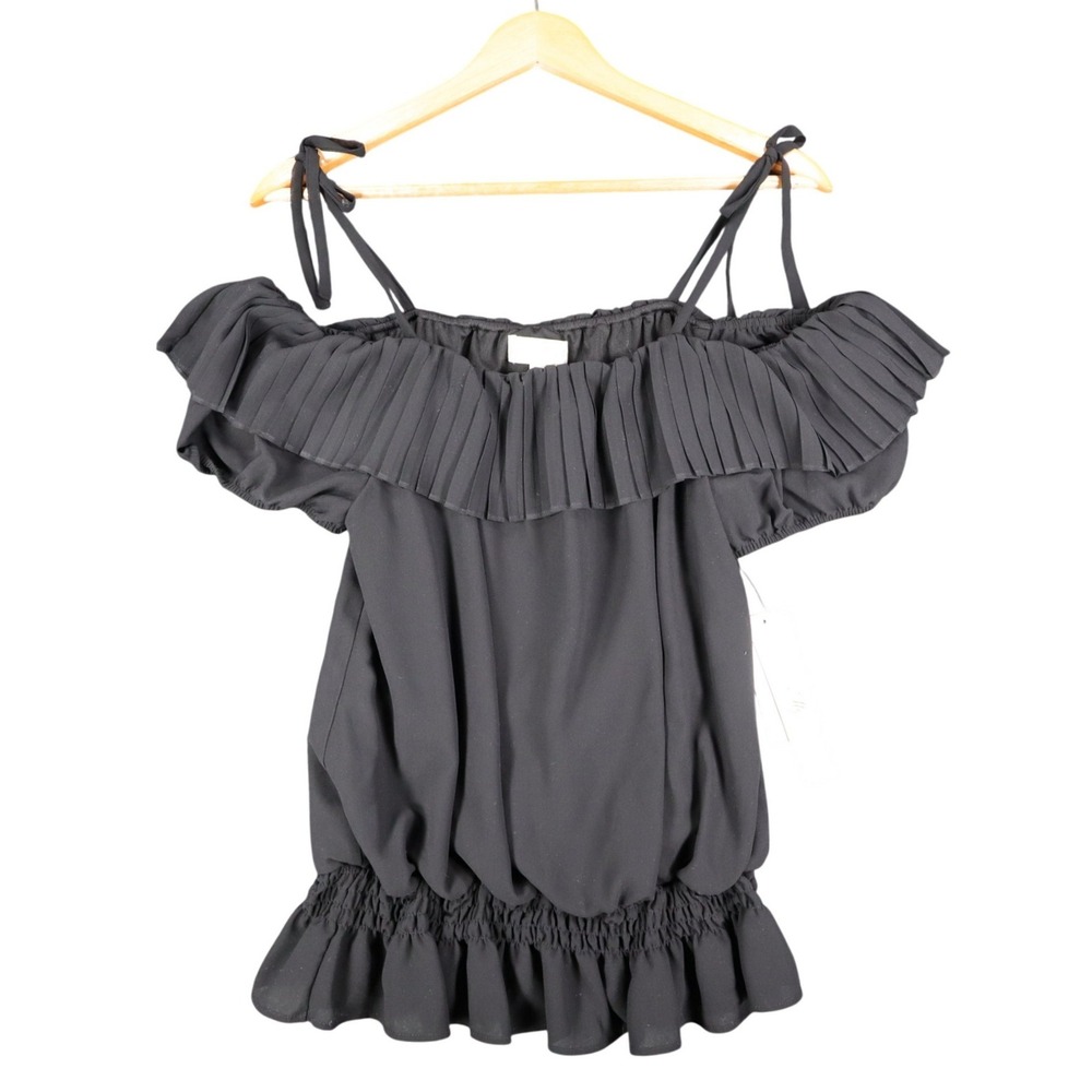 My Michelle Off Shoulder Blouse Womens Large Black Pleated Ruffle Smocked Top